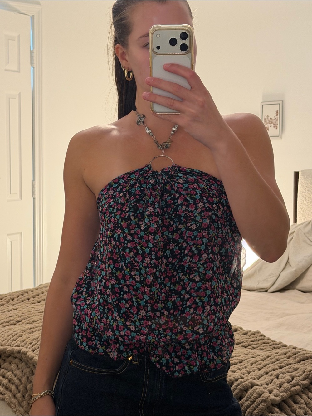Vintage Strapless Smocked Hem Top With Beaded Straps